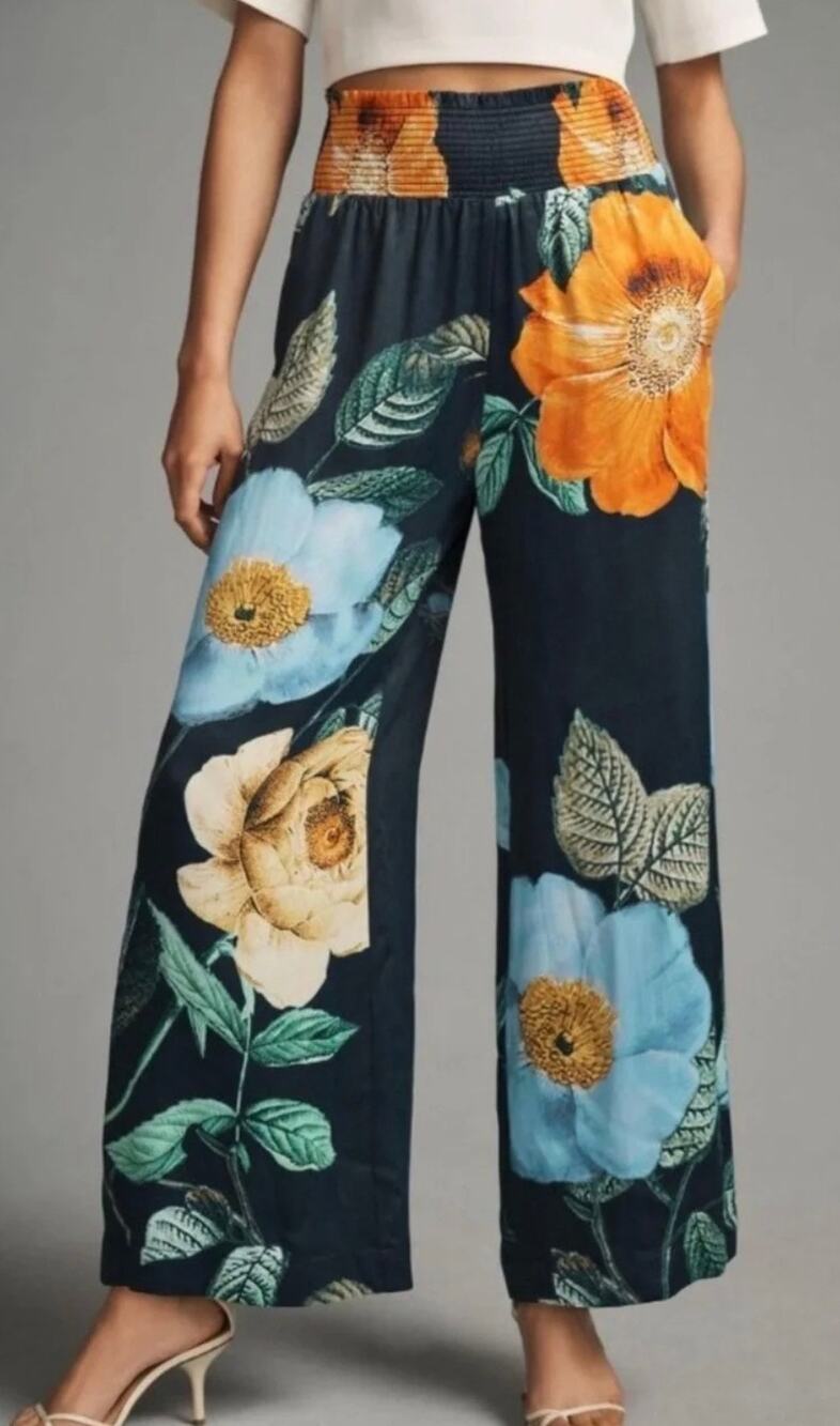 Anthropologie Maeve Saria Smocked Floral Blossom Lounge Wide-Leg Pants Navy 2X